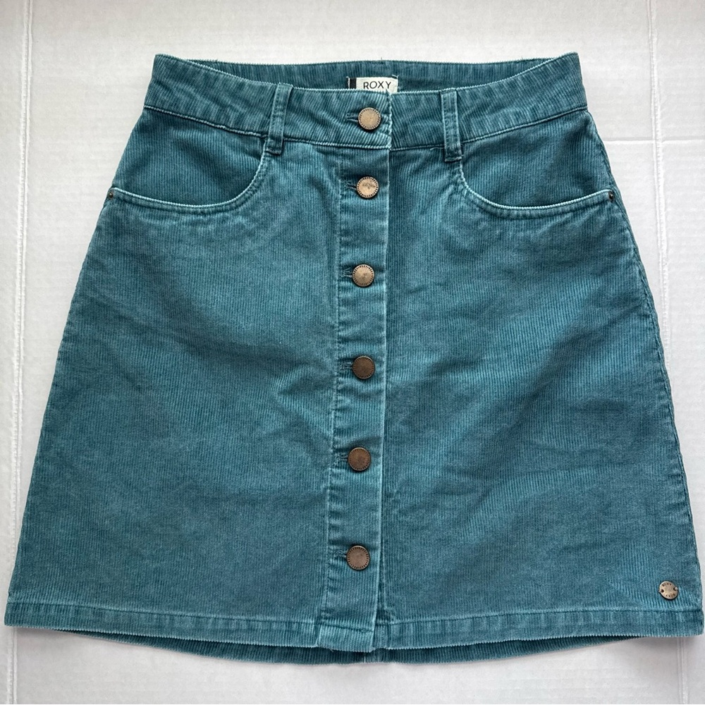 NWT- Roxy Blue Corduroy Button-Front-A-Line Mini Skirt Retro 70s Style-Size XS
